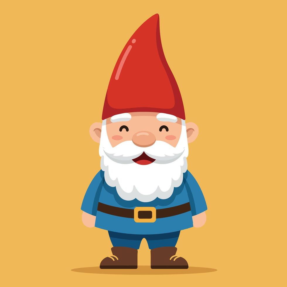 Cartoon garden gnome with red hat and white beard standing on yellow background illustration vector