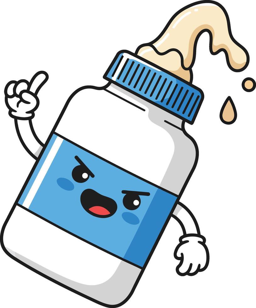Cartoon glue bottle pouring adhesive with expressive face and blue label illustration vector