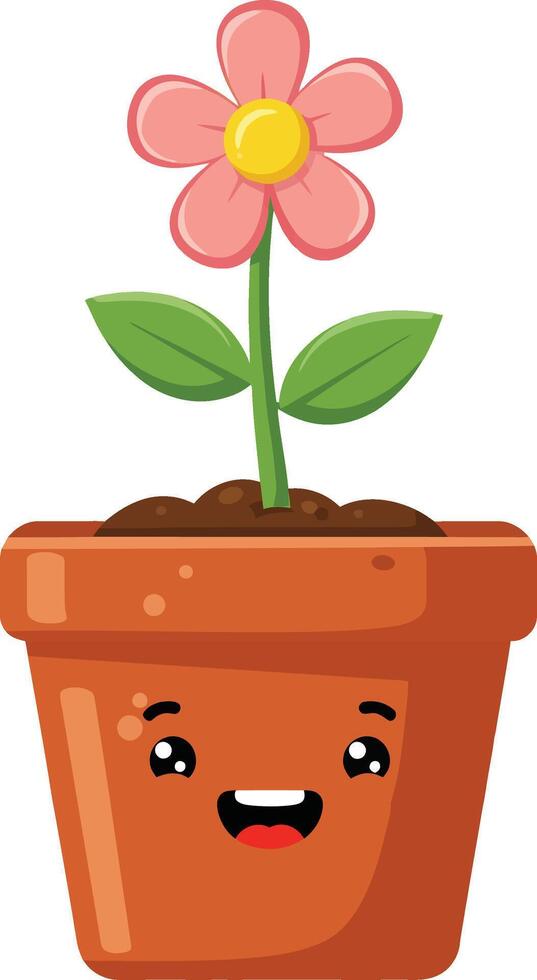Cute smiling flower in terracotta pot illustration with pink petals and green leaves vector
