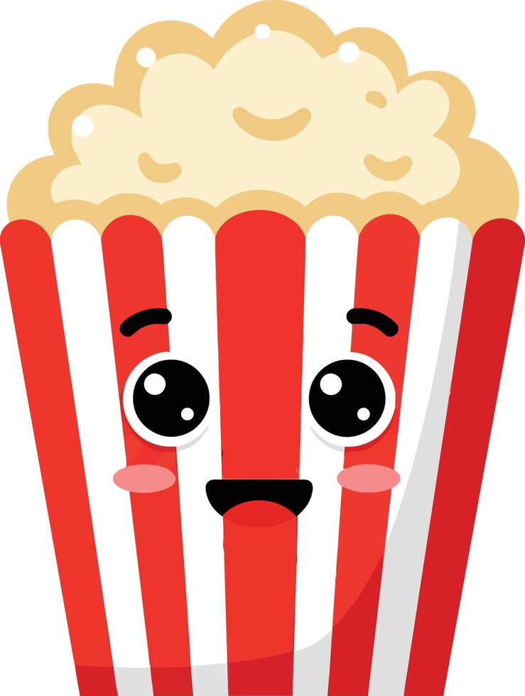Cute popcorn box with red stripes and smiling face cartoon illustration for snack time design vector
