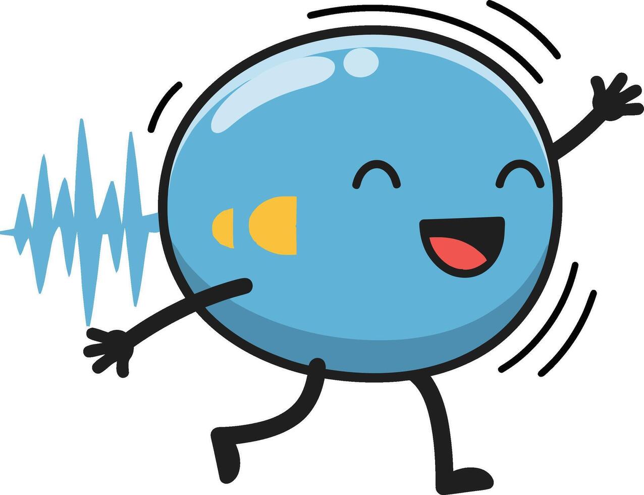 Happy blue cartoon sound wave character running with cheerful expression and dynamic movement illustration vector