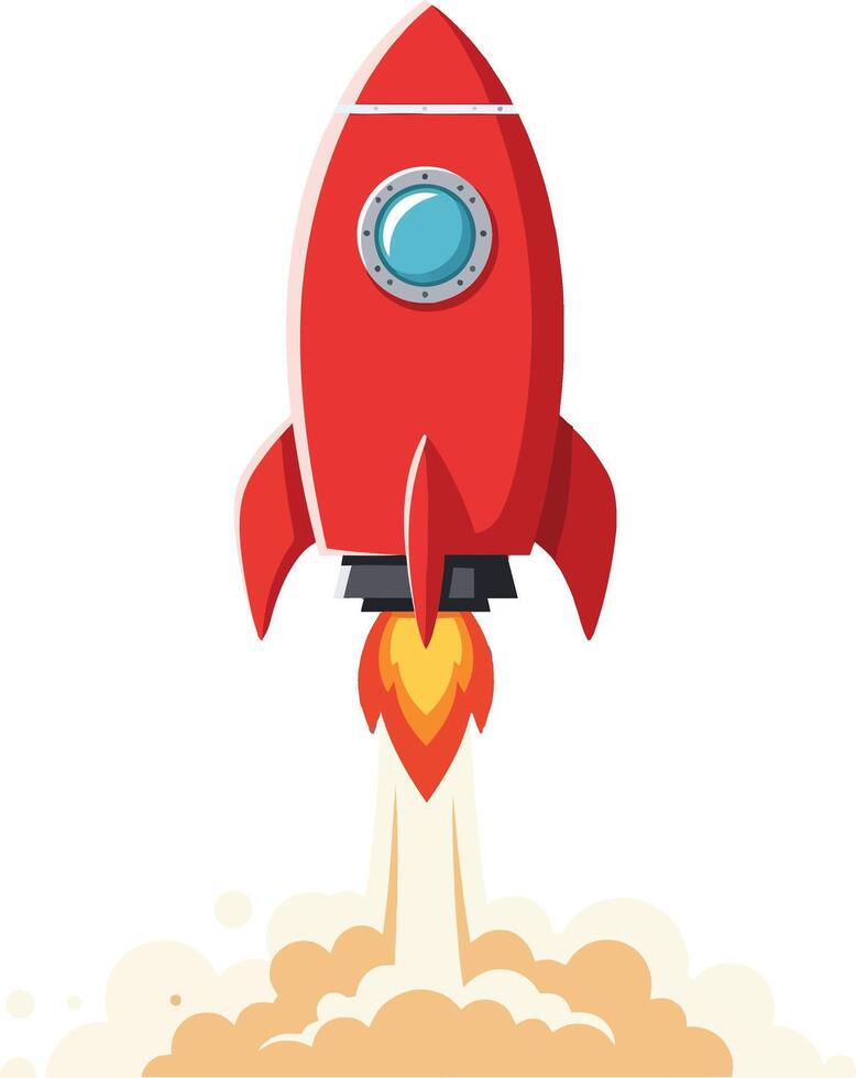 Red rocket ship launching with blue window and fiery flame blast in cartoon style illustration vector