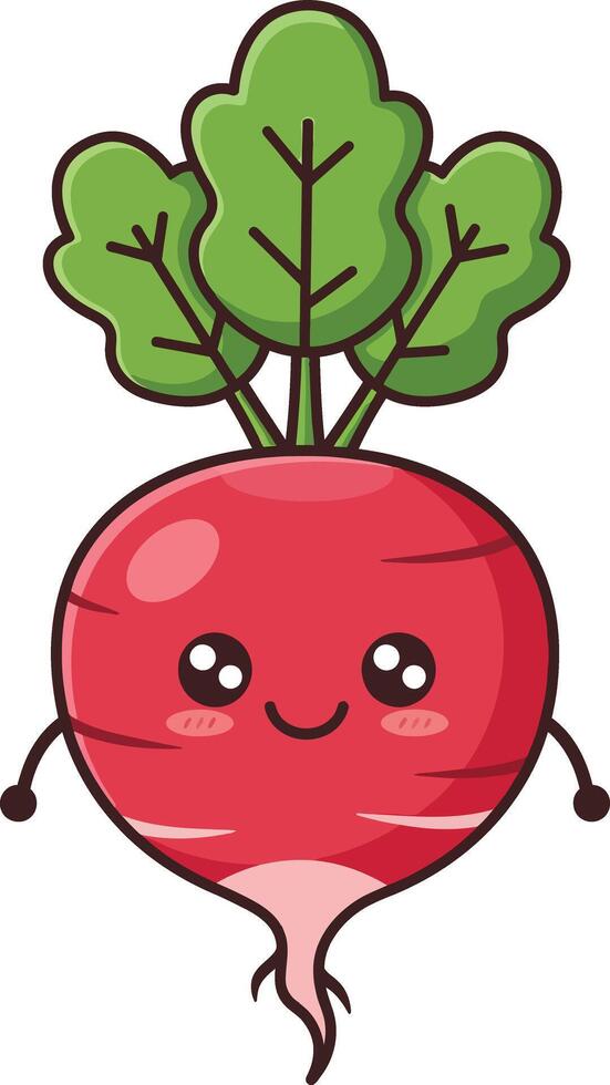 Cute smiling red radish vegetable with green leaves illustration for healthy food and gardening designs vector