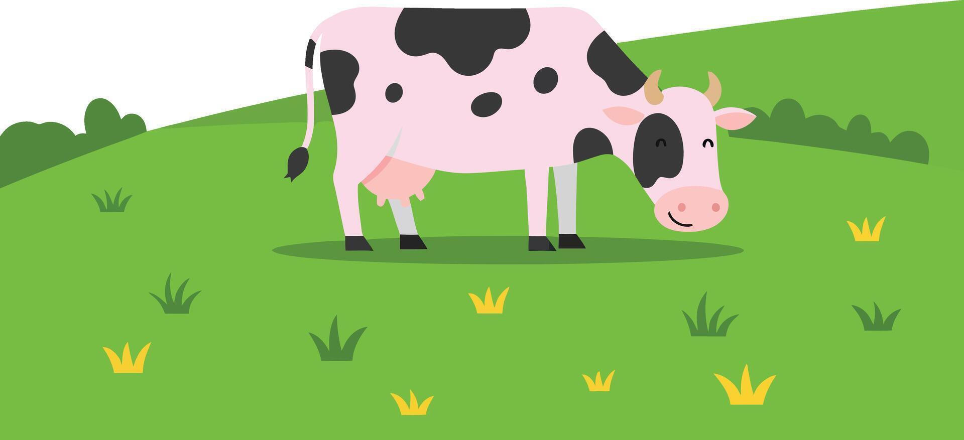 Cow grazing on green grass field with small plants and bushes in simple illustration style vector