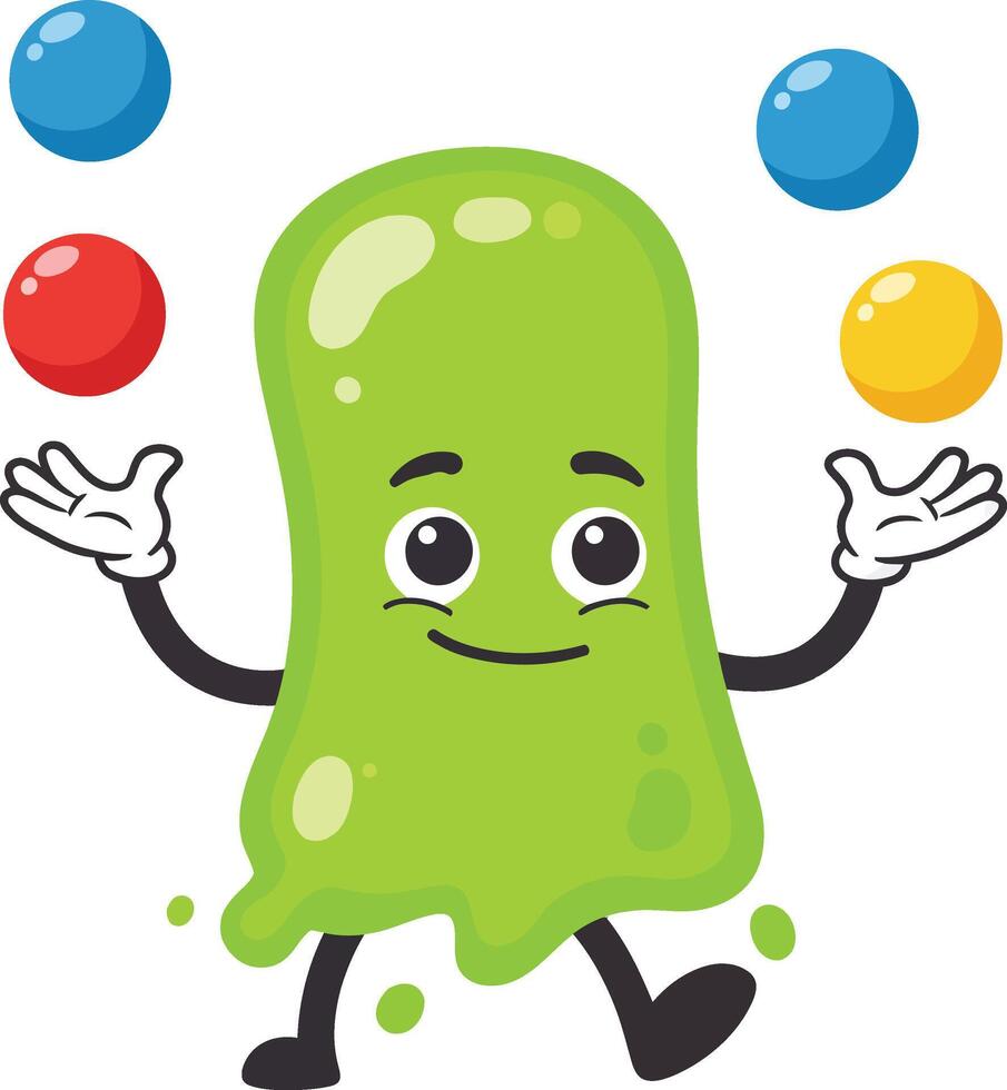 Cartoon green slime character juggling colorful balls playful illustration design vector