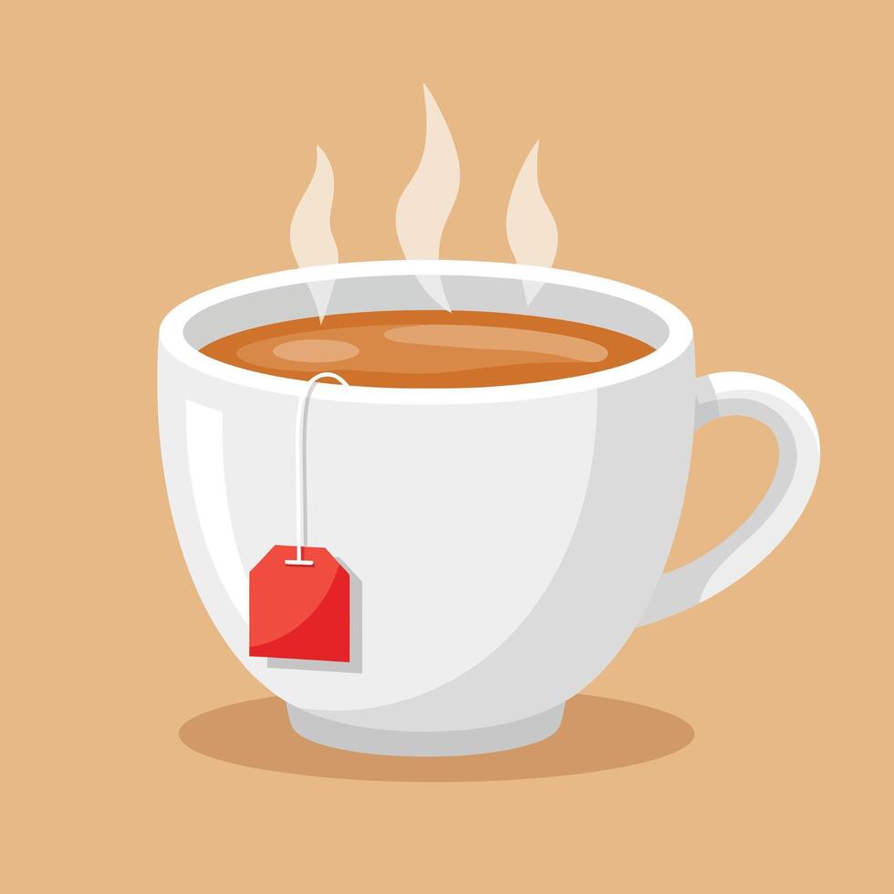 Hot tea cup with red tea bag tag steaming on beige background illustration vector