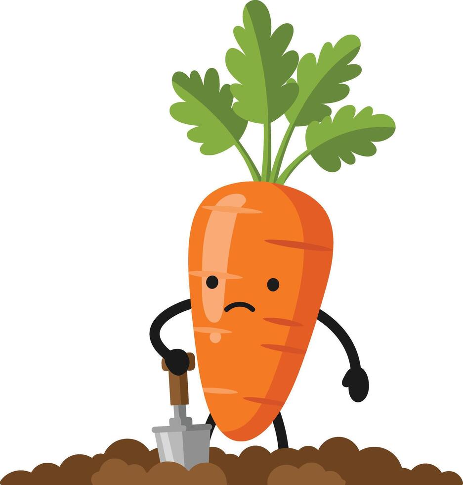 Carrot vegetable character digging soil with shovel gardening concept illustration vector