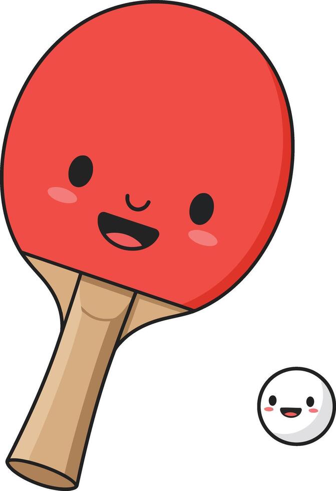 Ping pong paddle and ball with smiling faces cute cartoon style illustration for leisure and sports activities vector