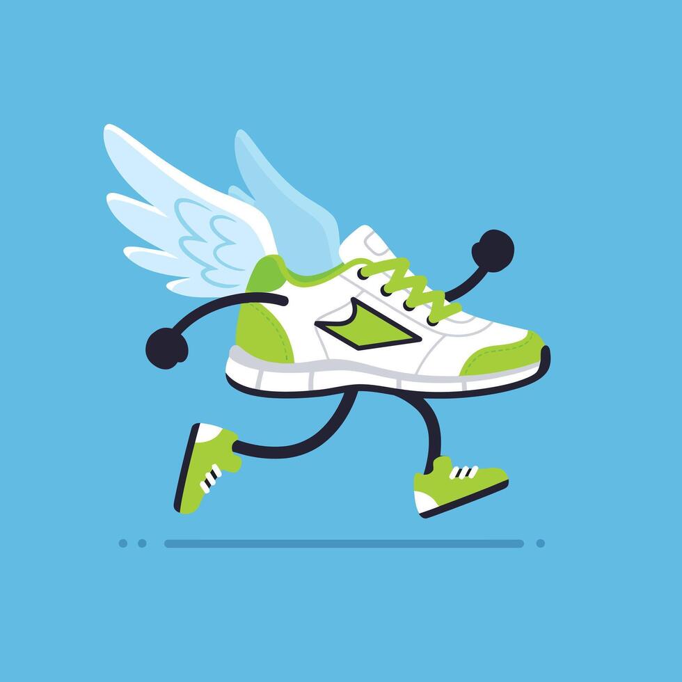 Running sneaker with wings and green accents moving fast on blue background illustration vector