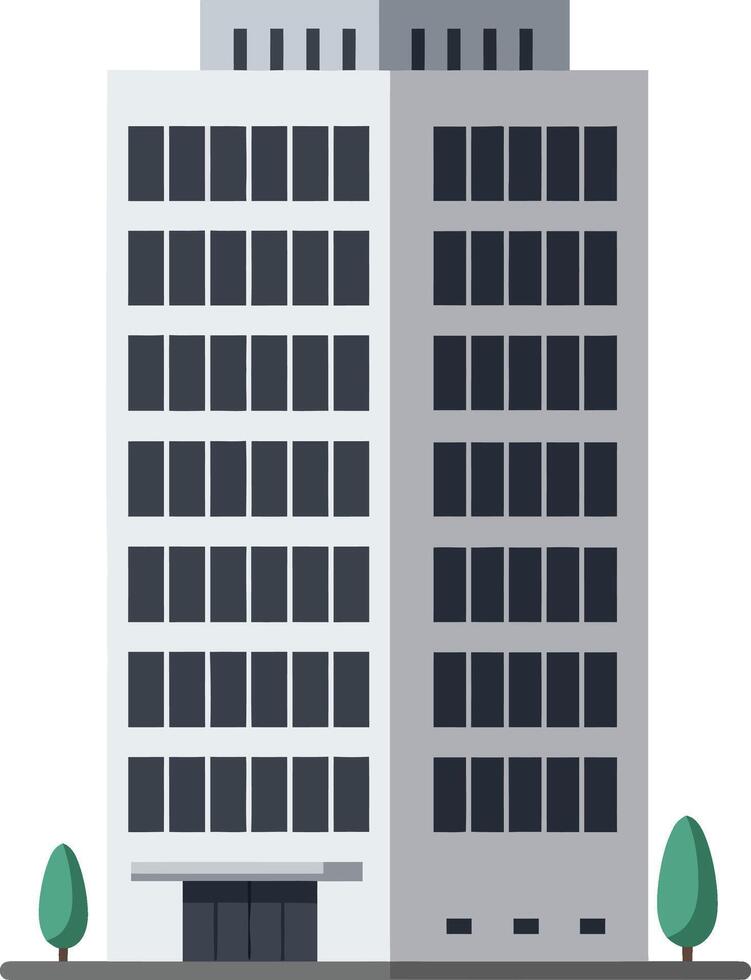 Modern office building with symmetrical windows and small trees in flat style urban architecture illustration vector