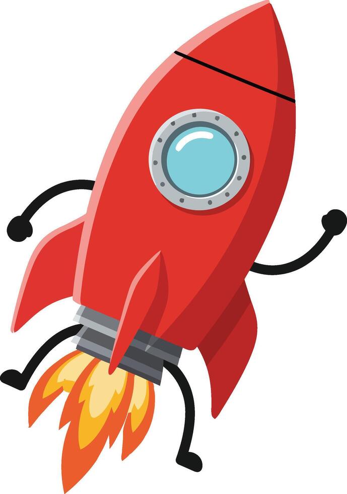 Red rocket cartoon illustration with animated arms and legs flying upwards design vector