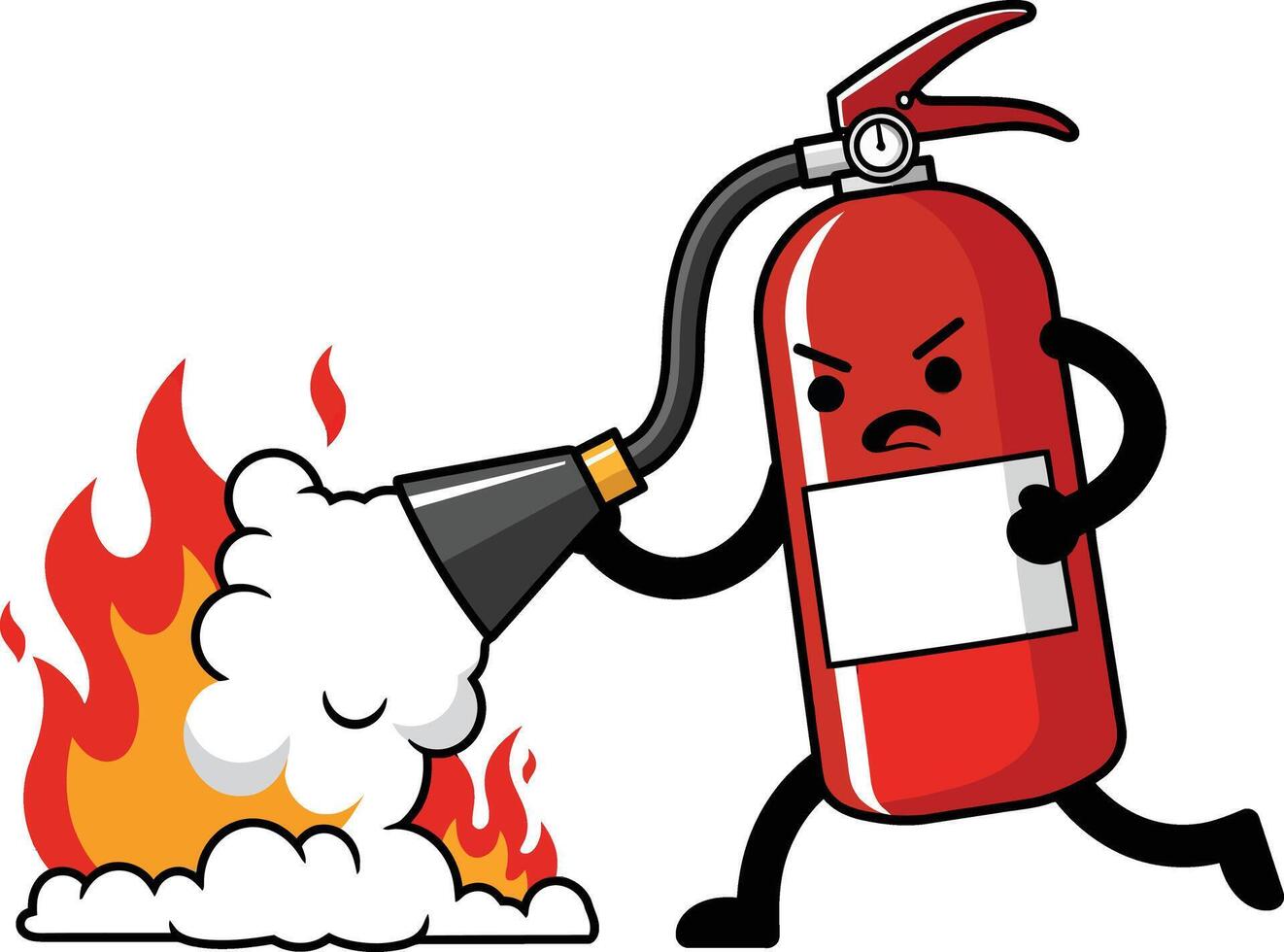 Red fire extinguisher cartoon character putting out fire with foam illustration vector