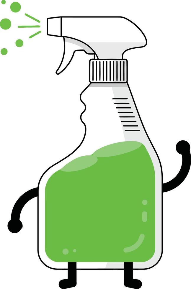 Cleaning spray bottle with green liquid and cartoon arms and legs illustration for hygiene and sanitation purposes vector