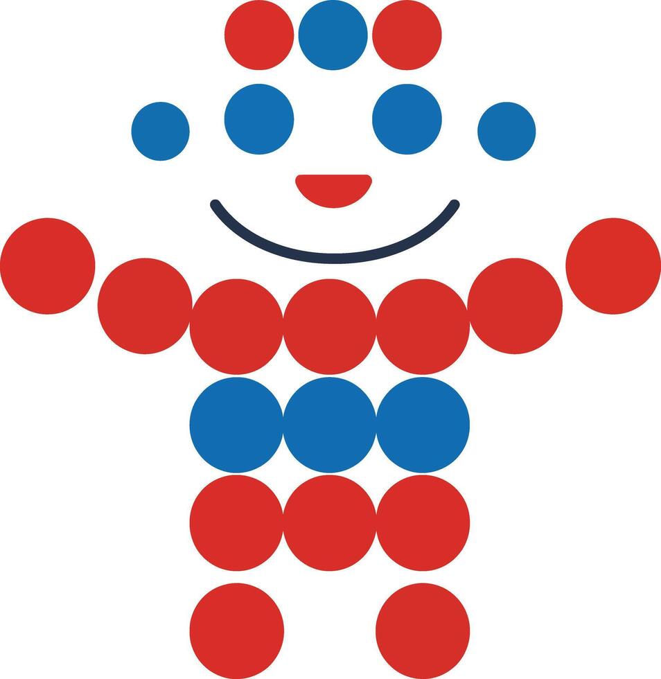 Abstract human figure composed of red and blue circles illustration with smiling face and symmetrical design vector