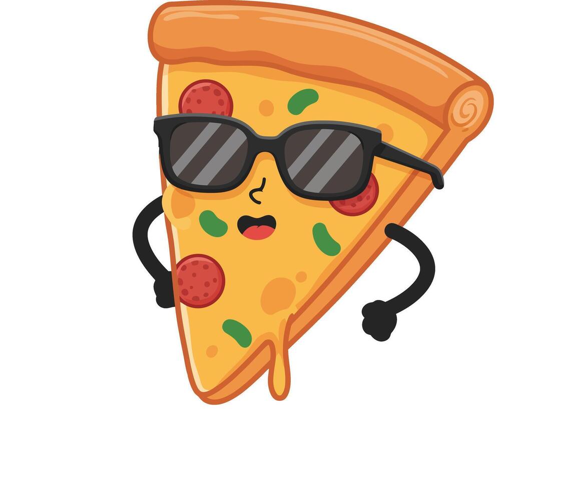 Cartoon slice of pizza with sunglasses cool attitude illustration for fun food design vector