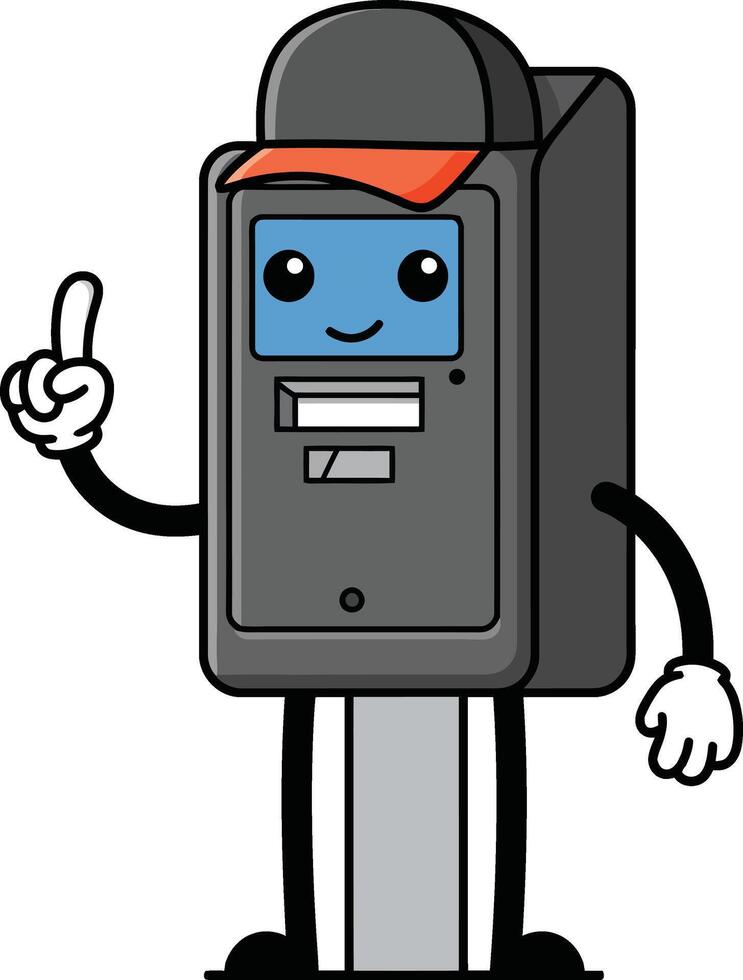 Animated parking meter character with red cap holding up finger illustration for urban lifestyle design vector