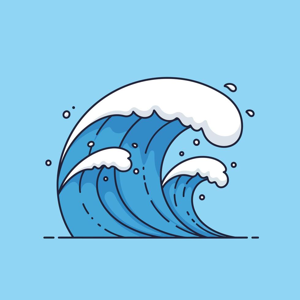 Ocean wave illustration with blue and white water splash on light blue background vector