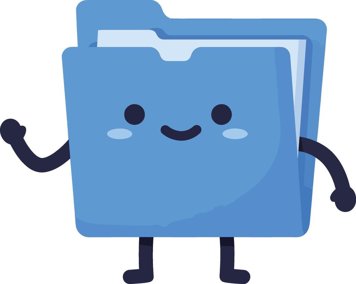 Blue smiling folder character with arms and legs waving hand illustration for digital organization and file management vector
