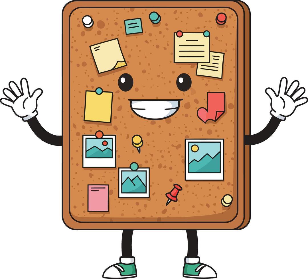 Cute happy cork bulletin board mascot with colorful pinned notes and photos illustration vector