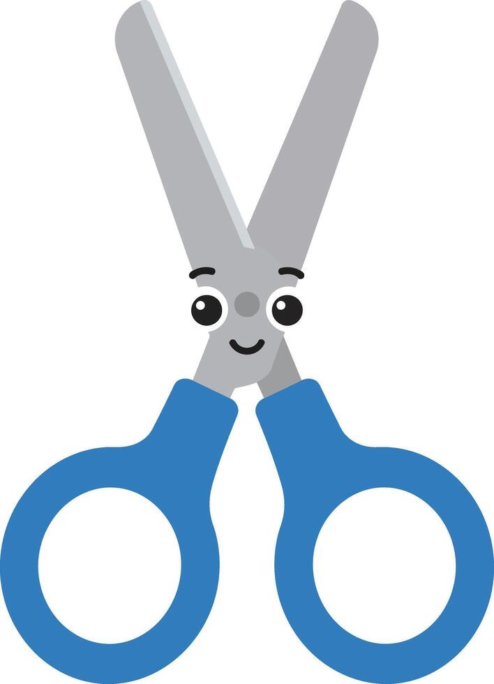 Cute blue handled scissors with smiling face illustration for school and craft use vector
