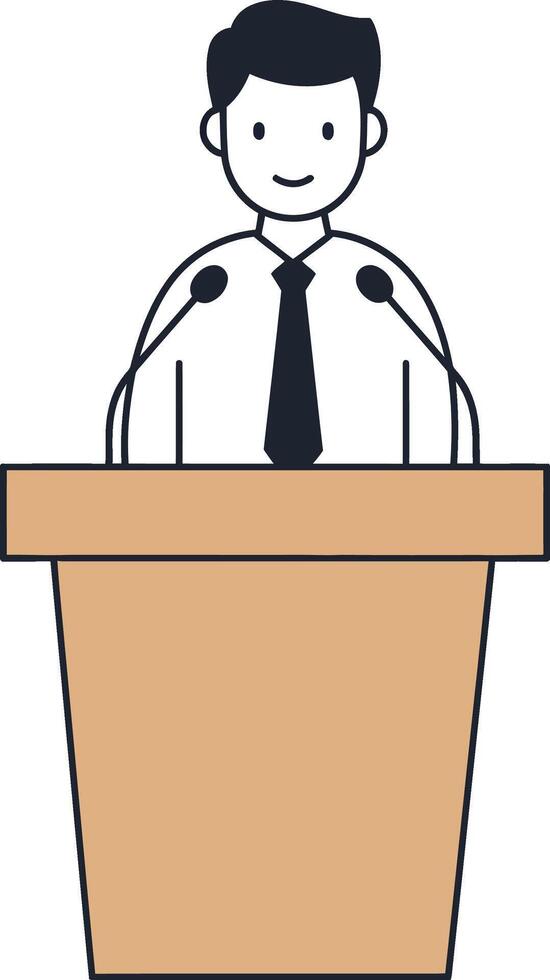 Man standing behind podium speaking at microphone in formal attire illustration vector