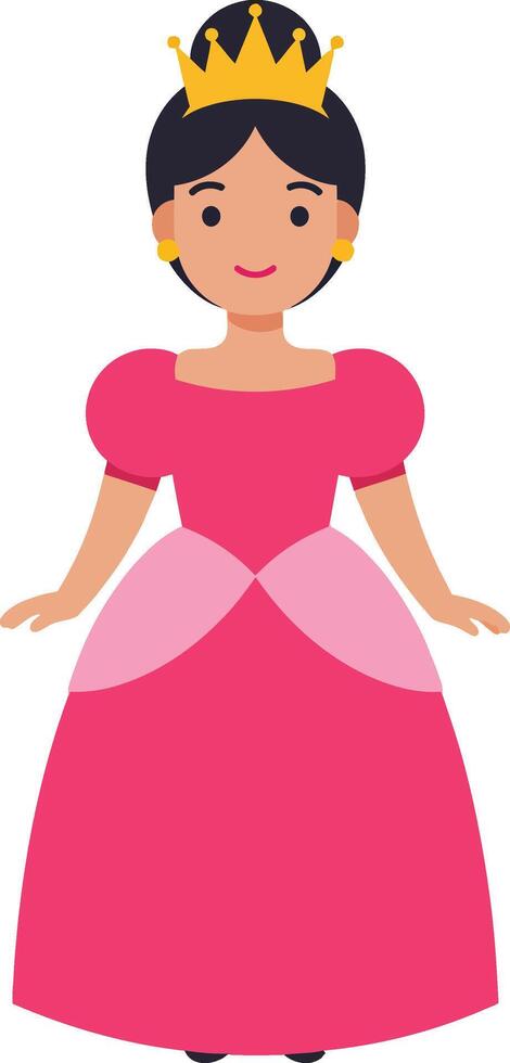 Princess character in pink dress with golden crown illustration in simple flat style vector
