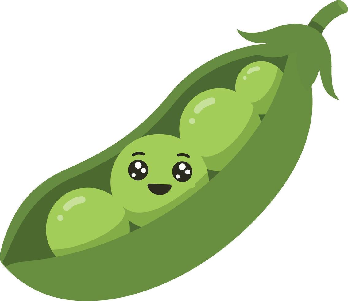 Cute smiling green pea pod with kawaii face illustration for fun healthy food design vector