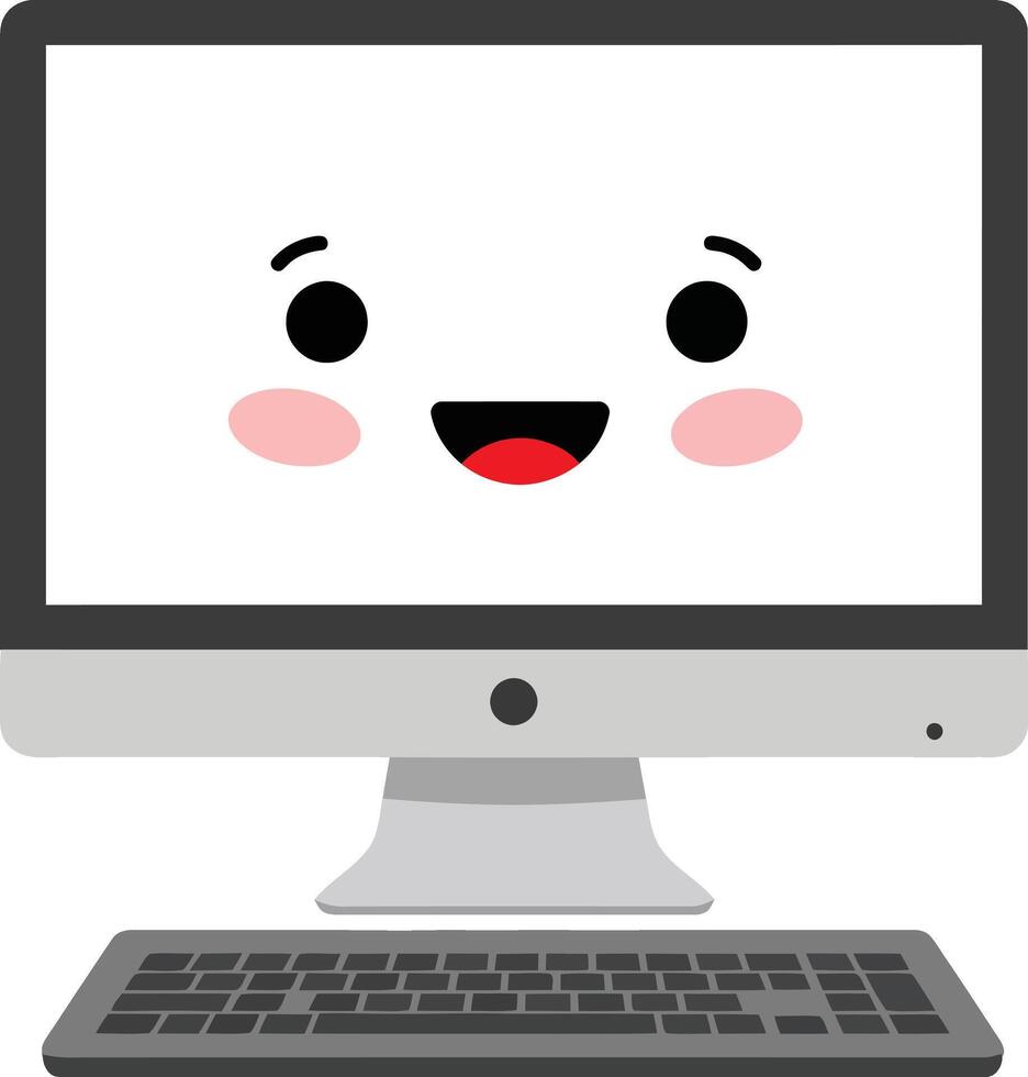 Happy desktop computer with kawaii face and pink cheeks illustration in simple style vector