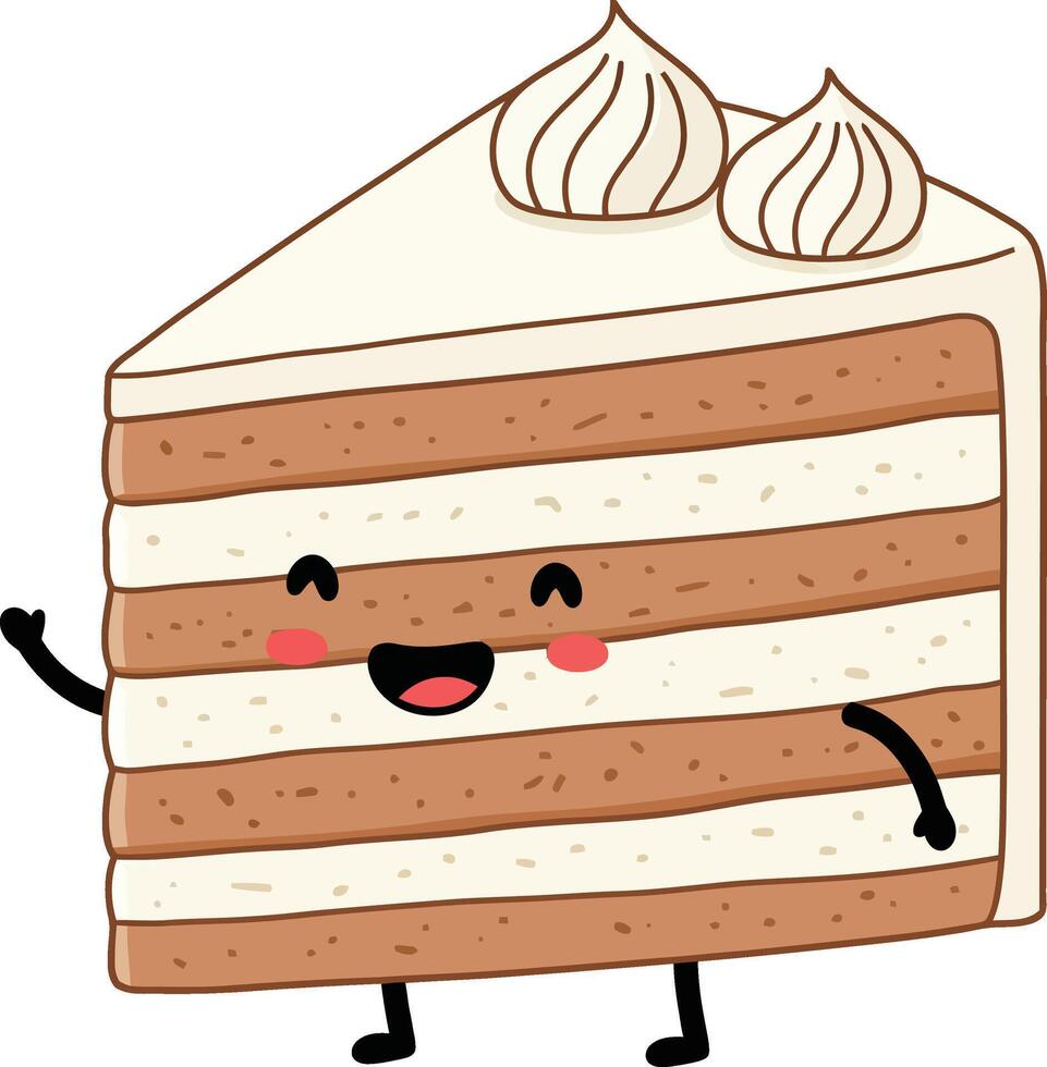 Cute happy cartoon slice of layered cake with frosting and smiling face illustration vector