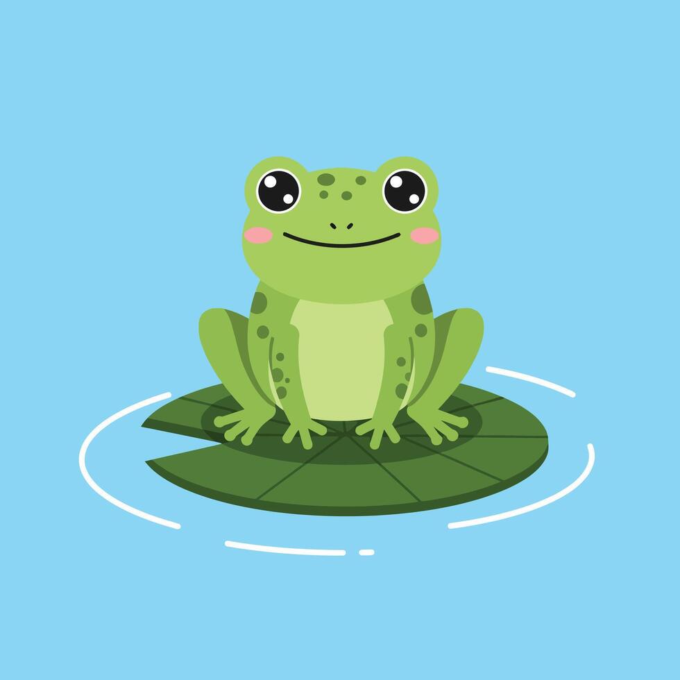 Cute green frog sitting on lily pad in calm blue water illustration vector
