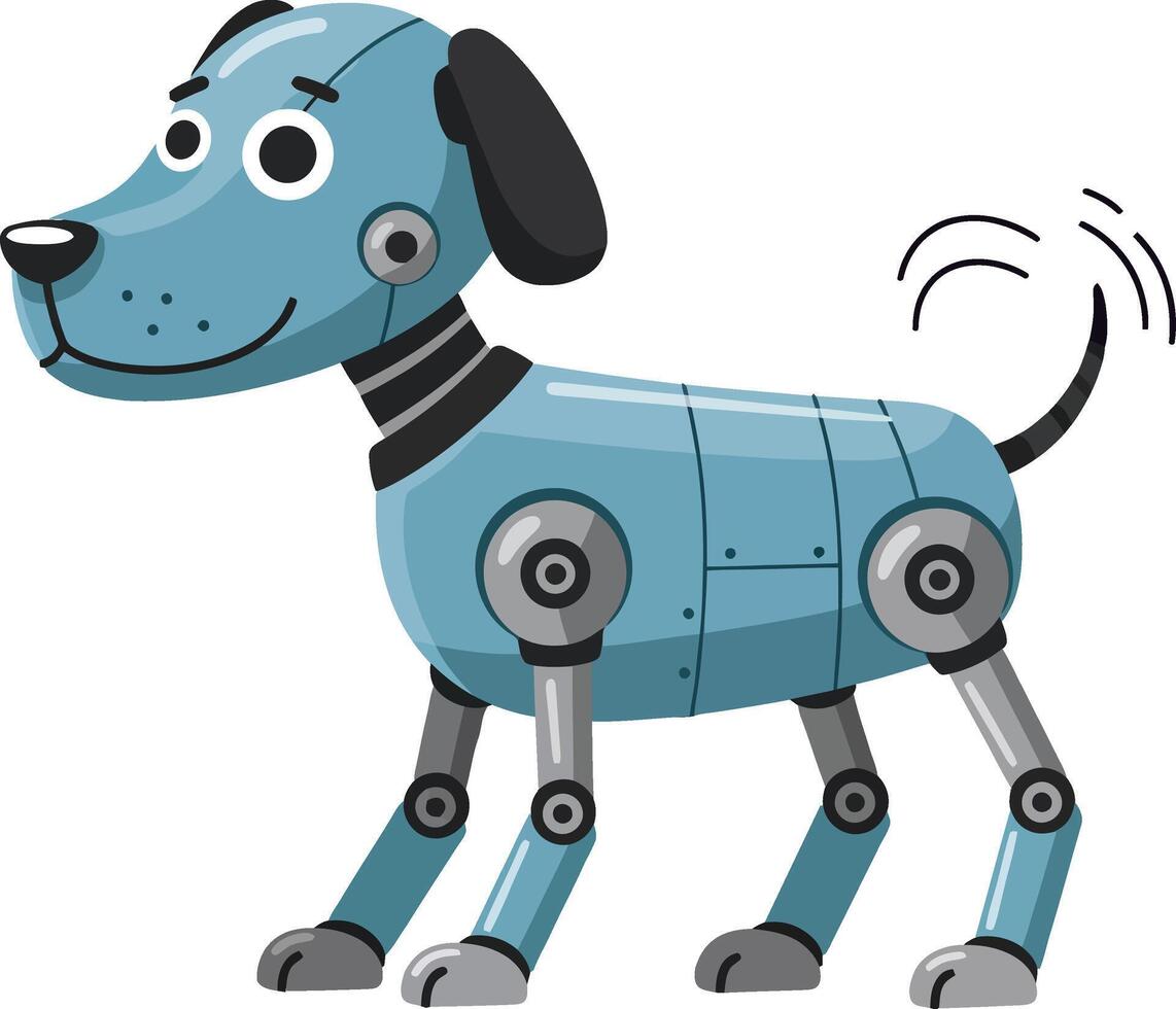 Robot dog with blue metallic body and wagging tail cute futuristic pet technology illustration vector