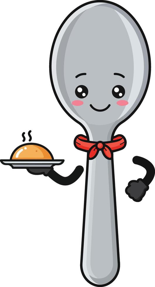 Spoon character holding steaming food plate with cute face and red bow tie illustration vector