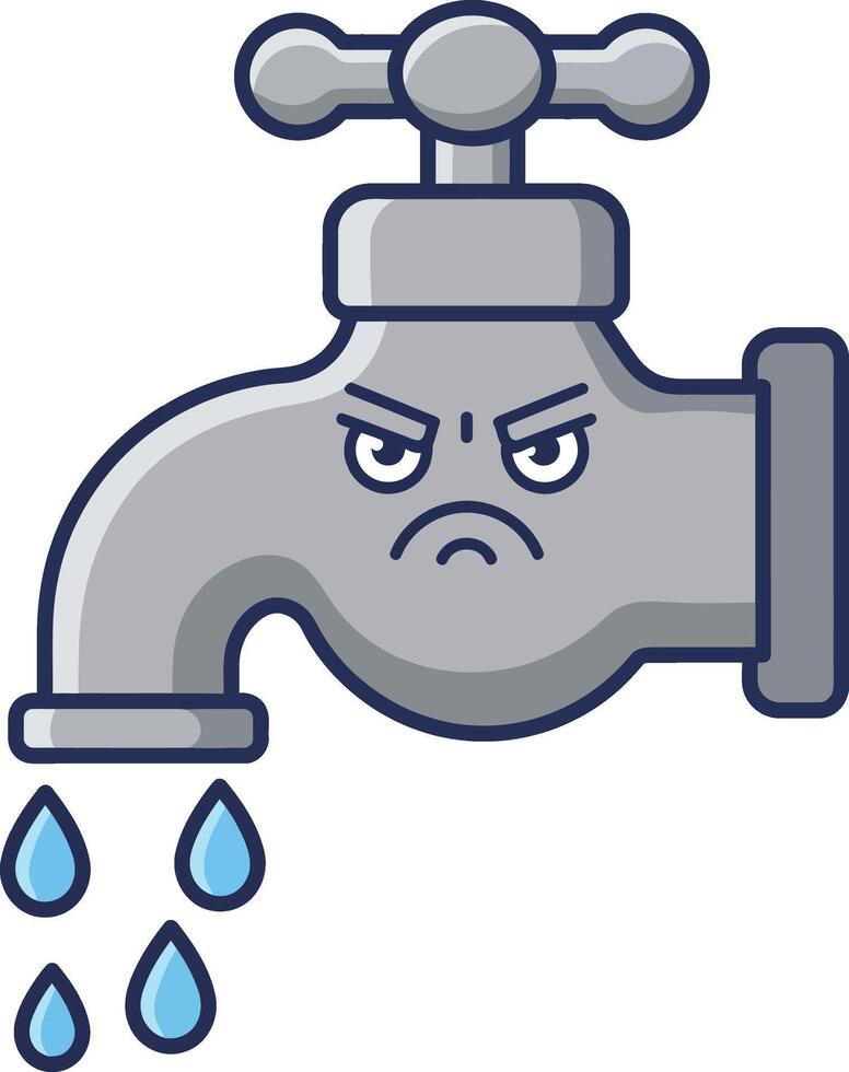 Water tap with angry face dripping blue water drops illustration for plumbing and water saving concepts vector