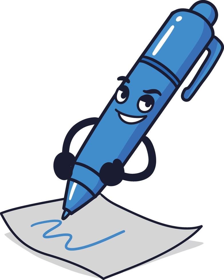 Blue pen cartoon character writing on paper with playful expression and black gloves illustration vector