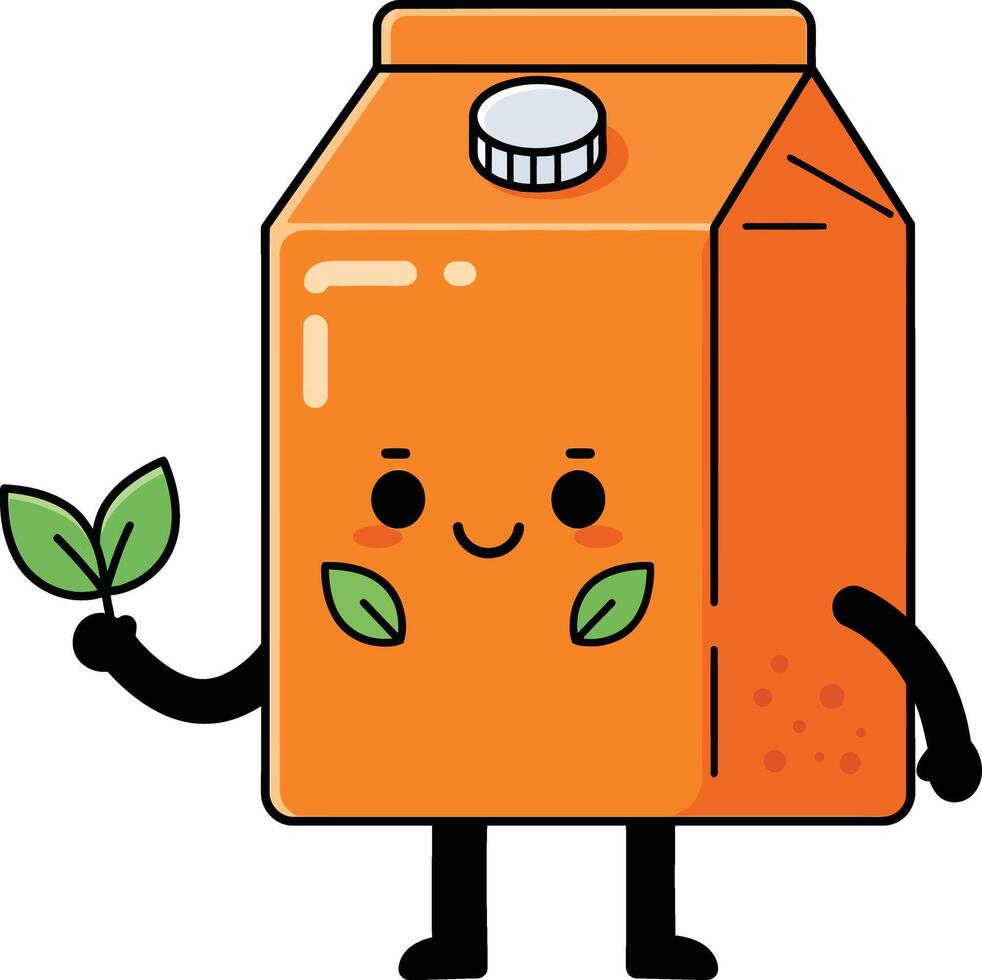 Orange juice carton character holding green leaves with cute face and simple design illustration vector