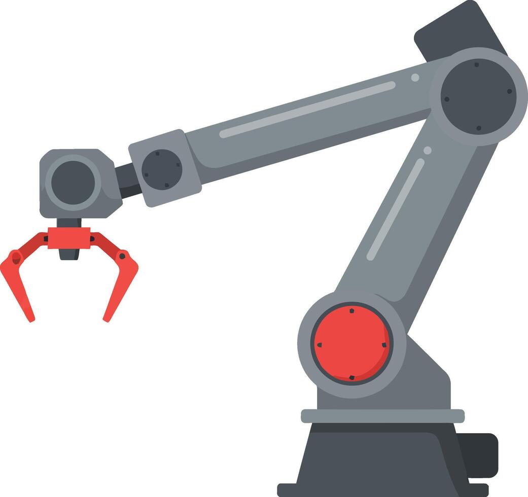 Industrial robotic arm with red gripper used for automated manufacturing and assembly processes in factories and industries vector