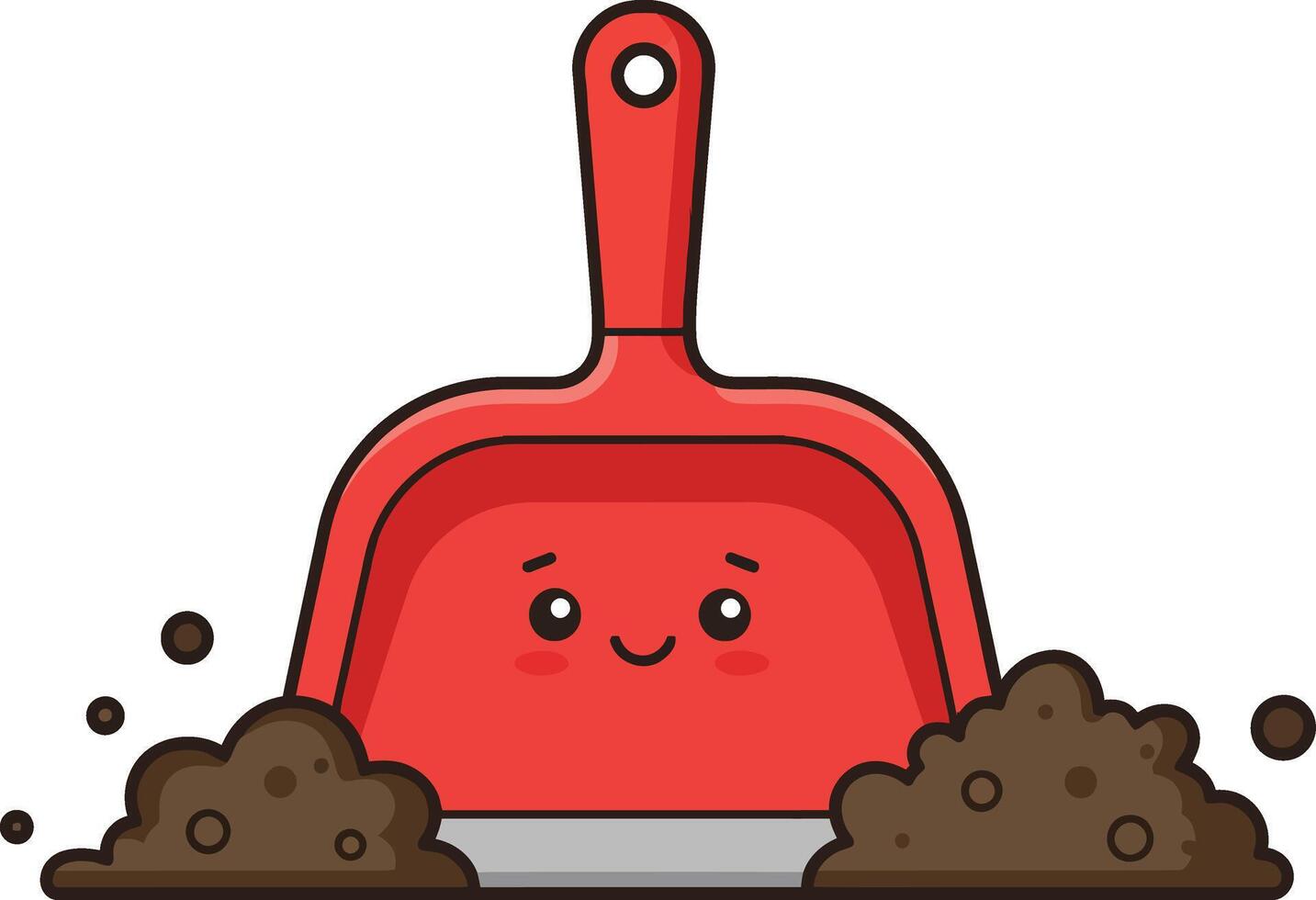 Red dustpan with soil piles cute cartoon illustration for cleaning and gardening tools concept vector