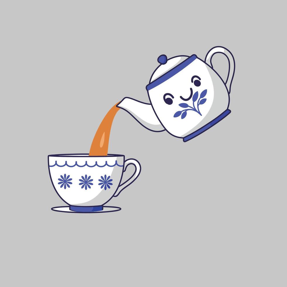 Teapot pouring tea into cup with blue floral decoration simple illustration on gray background vector