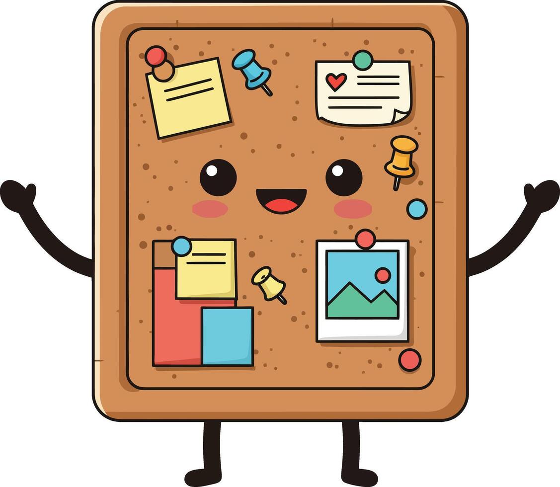 Cute happy cork bulletin board character with colorful pins and notes illustration with smiling face and arms vector