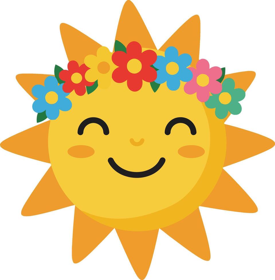 Smiling sun with colorful flower crown bright yellow sun character illustration cheerful and happy nature icon vector