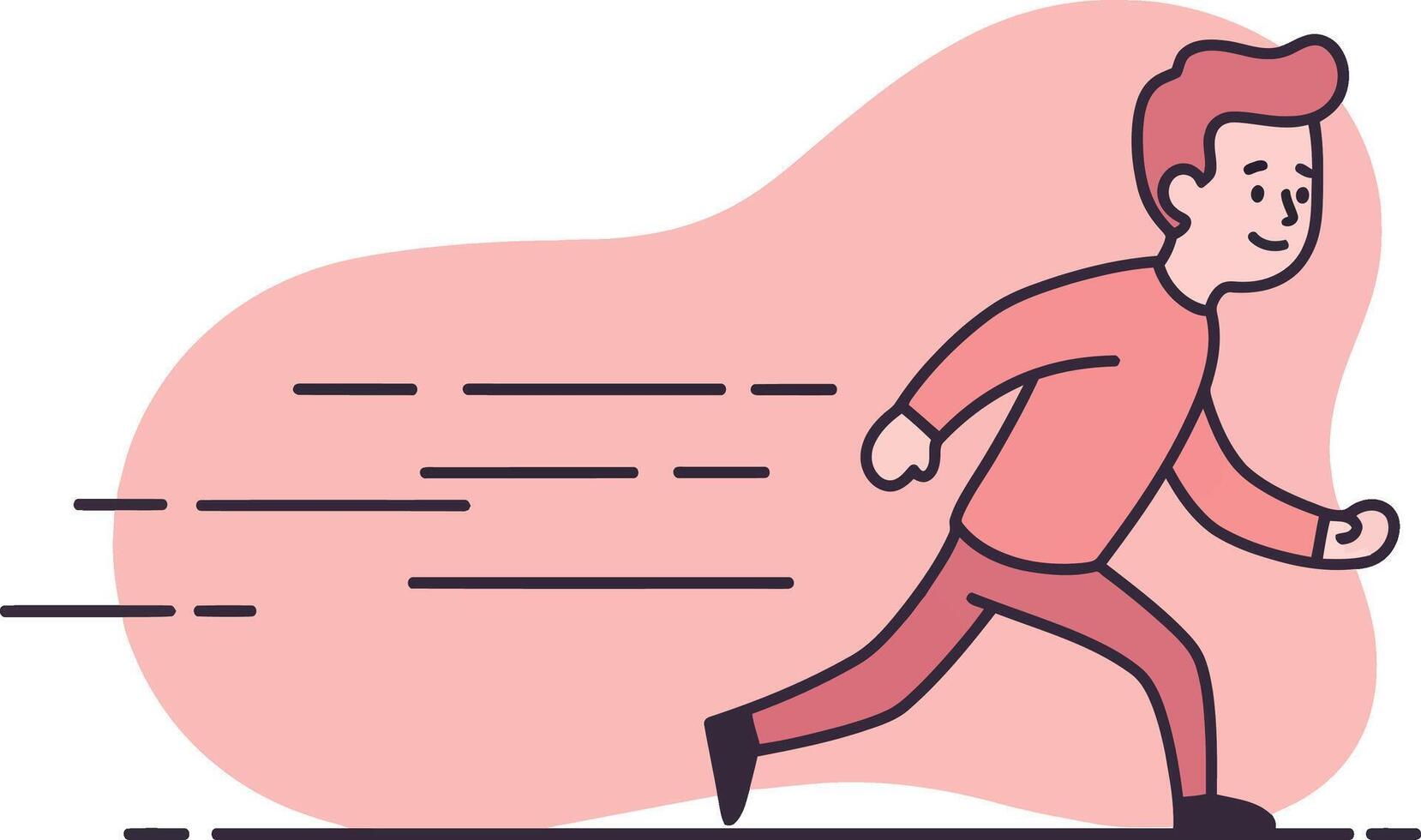 Young boy running fast with motion lines in simple cartoon style on light pink background illustration vector