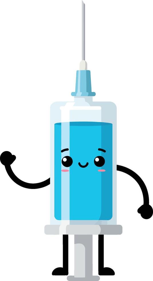 Cute syringe character with blue liquid smiling and waving medical illustration vector