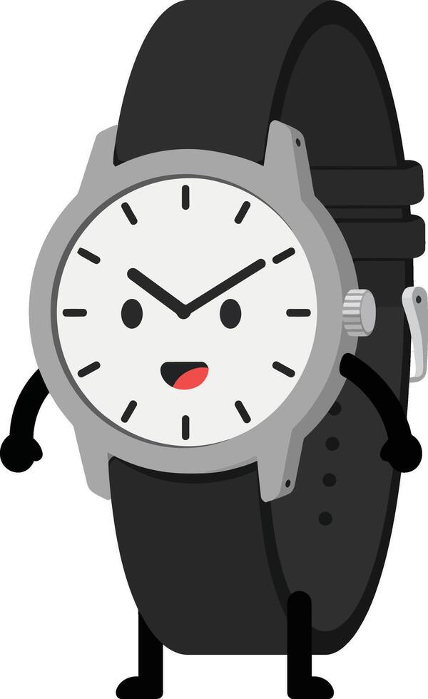 Watch with black strap and expressive face cartoon character illustration vector