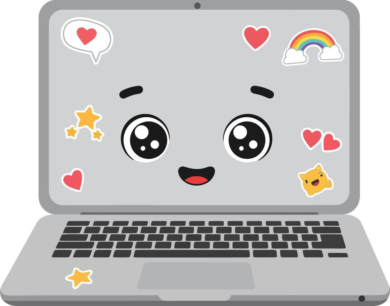 Cute laptop with kawaii face and colorful heart and rainbow stickers digital illustration vector