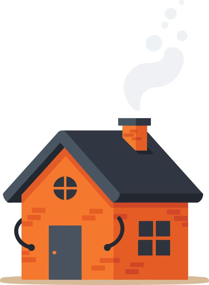 Cozy small orange brick house with smoking chimney and dark roof illustration in minimalist style vector