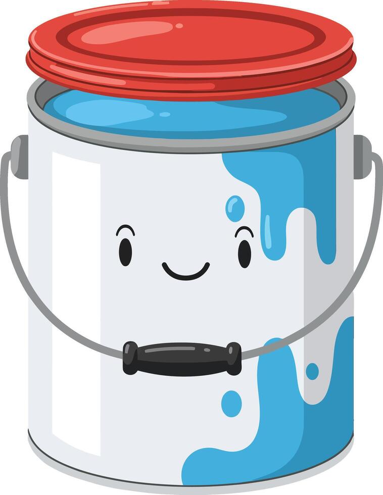 Cute paint can with red lid and blue paint dripping illustration in happy style vector