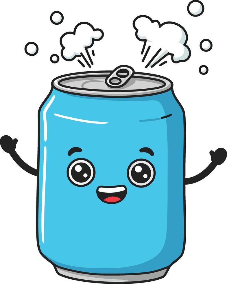 Blue cartoon soda can with happy face and steam bubbles illustration for fun beverage design vector