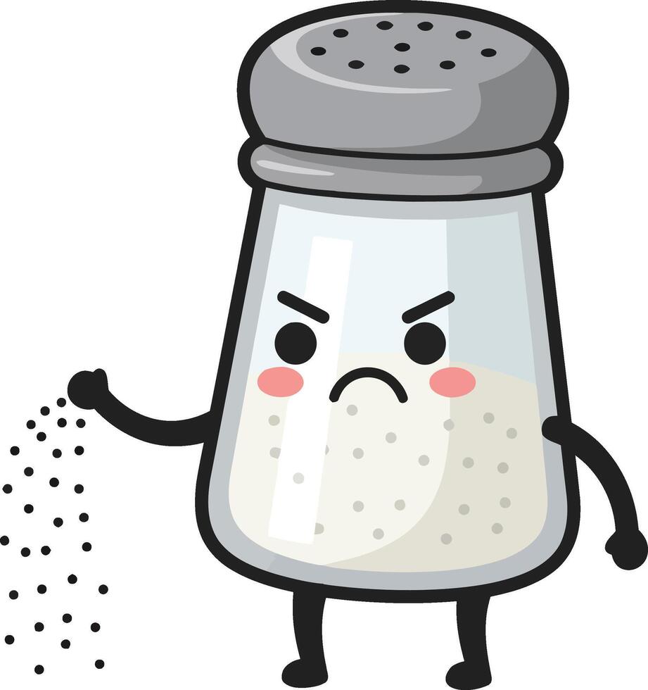Angry salt shaker cartoon character shaking black salt grains in playful illustration vector