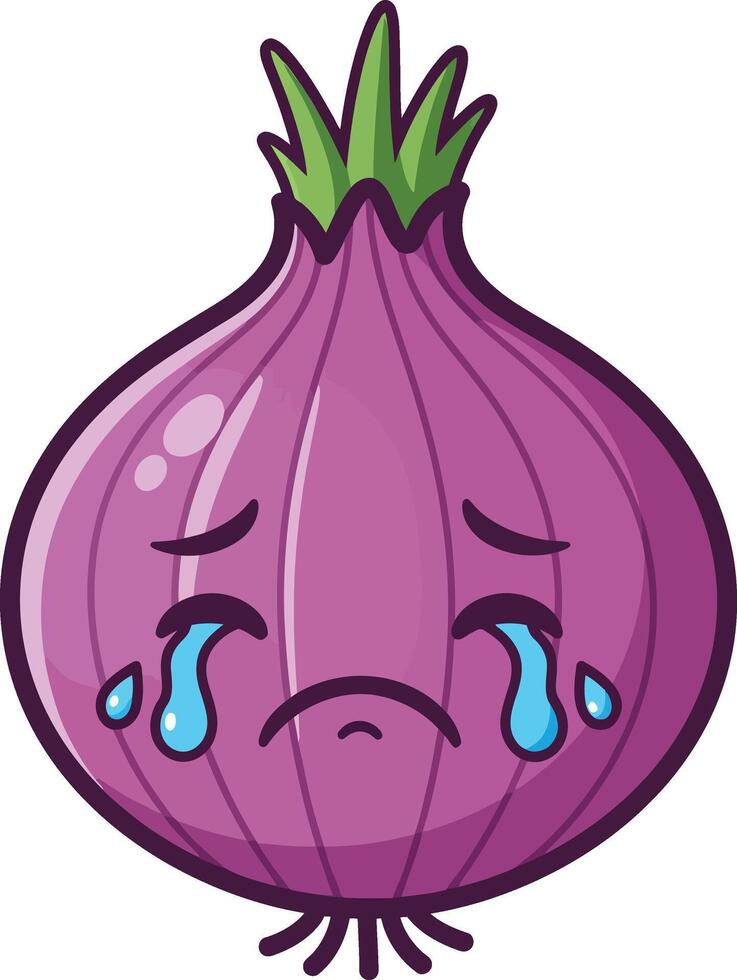 Sad crying purple onion face emoticon with green leaves illustration for emotional expression and food design vector