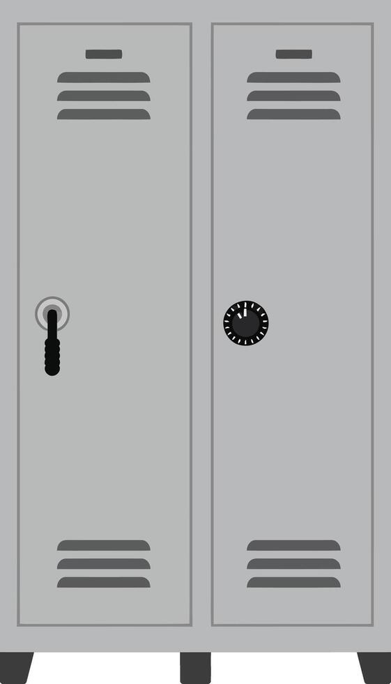 Metal school locker with key lock and combination dial in gray color illustration vector